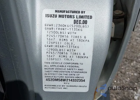 2001 Isuzu Rodeo Ls 3.2L/Ls 3.2L V6/Lse 3.2L V6/S/S 3.2L V6 z USA, uszkodzony, nr VIN 4S2DM58W214332354